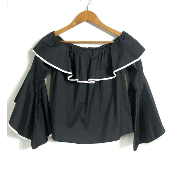 ZARA Off the Shoulder Ruffle Black w/ White Piping Long Bell Sleeve Top - Picture 4 of 9